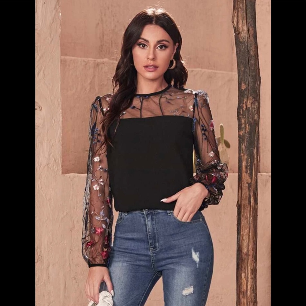 Shein black top with sheer embroidered sleeves size Xl